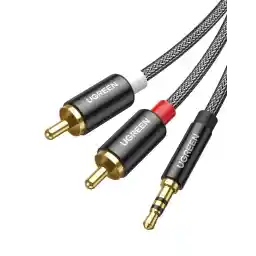 UGREEN RCA to 3.5mm Audio Cable 2Meter, 2 RCA Male to 3.5mm(1/8") Male Stereo Jack Phono Y Splitter Nylon-Braided Aux Cable for DJ Controller, Dolby Digital, DTS, Speaker, Gold-plated Connector, Black
