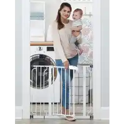 Baybee Auto Close Safety Baby Gate Auto Close Safety Baby Gate, Extra Tall and Wide Child Gate, Easy Walk Thru Durability Dog Gate for The House, Stairs, Doorways (White 75-85 cm+10cm Ext.)