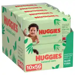 Huggies® Natural Care billendoekjes, 560 babydoekjes (10x56 doekjes), gemaak met huidverzorgende vezels voor een gezonde huid - billendoekjes verrijkt met Aloë Vera