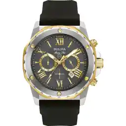 Bulova Men's Marine Star Series A Two-Tone Gold Ion-Plated Stainless Steel 6-Hand Chronograph Quartz Watch, Black Silicone Strap, 44mm Style: 98B277