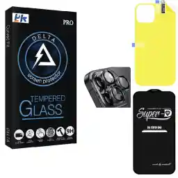 محافظ صفحه نمایش شیشه ای دلتا مدل FB Super-D مناسب برای گوشی موبایل اپل iPhone 14pro به همراه محافظ پشت گوشی و لنز دوربین