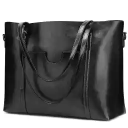 S-ZONE Women Genuine Leather Top Handle Satchel Daily Work Tote Shoulder Bag Large Capacity, Black