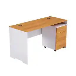 Mahmayi Zelda 246-16 Contemporary Office Desk Set with Mobile Three Drawer Filing Cabinet and Grommets - Efficient Workspace Solution for Productivity and Organization - Light Walnut/White (160Cm)