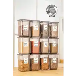 ست ظرف ادویه دار 12 تکه سایز بزرگ ملنی هوم با لیبل - ظرف نگهداری ست مربعی ادویه با درب 1100*12 میلی لیتری