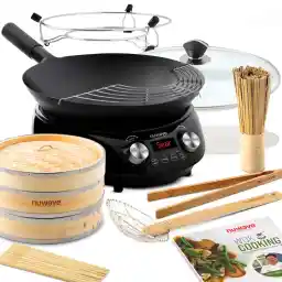 Nuwave Mosaic Induction Wok, Temp Control 100°F-575°F in 5°F, Wok Hei, Infuse Charred Aroma & Flavor, 14-inch Carbon Steel Wok, 8pc Bamboo Accessories