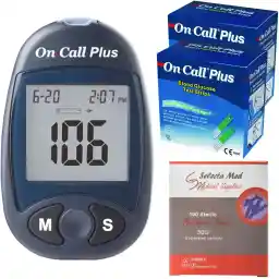 دستگاه تست قند خون ایکان مدل On Call Plus G113-111 به همراه دو بسته نوار تست و یک بسته سوزن
