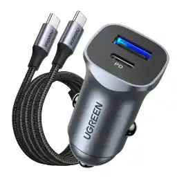 UGREEN Car Charger Fast Charging PD30W Dual Port USB C iPhone 17 Pro Charger Fast Charge Car Phone Adapter Plug with USB C Cable 1M Braided for iPhone 17, Galaxy S24, Huawei, iPad Pro, Xiaomi, etc
