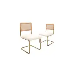 CangLong Rattan Dining Chairs Set of 2, Modern Kitchen Chairs with Natural Mesh Rattan Backrest & Solid Thick Metal Legs, Upholstered Fleece Armless Side Chairs for Living Room, Study, Cream