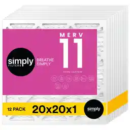 Simply 20x20x1 Air Filter, Merv 11, MPR 1000, 12 Pack, For Home AC Furnace & HVAC (Actual Size: 19.75"x19.75"x0.75") DUST, Pet, & Allergy Control