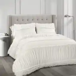دکور سرسبز Nova Comforter | سرویس خواب 3 تکه Ruffle Ruched Shabby Chic Farmhouse - Full Queen - سفید
