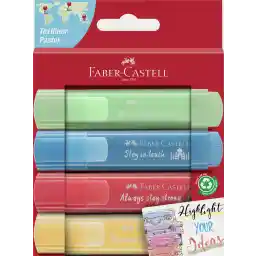 Faber-Castell Fosforlu Kalem Seti, 4’lü, Pastel Renkler, Su Bazlı Mürekkep, Kesik Uç, 3 Farklı Çizgi Kalınlığı, Uzun Ömürlü
