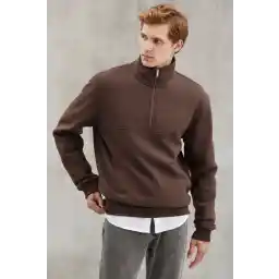 GRIMELANGE Frame Erkek Yarım Fermuarlı Dik Yakalı Yumuşacık Kumaşlı Polarlı Regular Kahverengi Sweatshirt