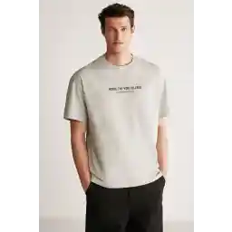 GRIMELANGE Bastıan Erkek Oversize Fit %100 Pamuk Kalın Dokulu Baskılı Gri T-shirt