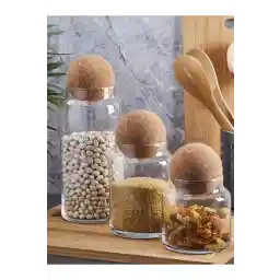 ظرف شیشه ای 3 تکه Viyalente با درب چوب پنبه و ست ظروف ادویه جات Sughero