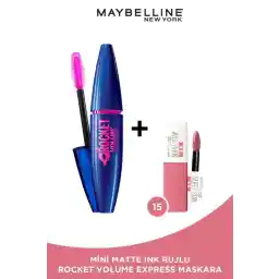 Maybelline New York Volum' Express Rocket Ekstra Siyah Maskara و Mini Super Stay Matte Ink Ruj 15 Lover 2.7 ML