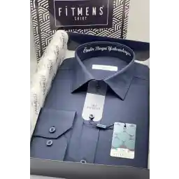 Fitmens Slim Fit Long Sleeve I'll Be with You For Life پیراهن مردانه دوزی شده با جعبه کادو - آبی سرمه ای