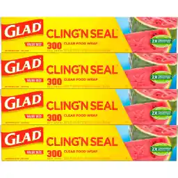 Glad Cling N Seal Plastic Wrap for Food, Airtight Seal, 300 Square Foot Roll (Pack of 4)