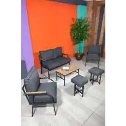 UFUK HOME Linda 2-1-1 2 ست بالکن باغ با میز پوف مبلمان آشپزخانه باغچه، صندلی کافه، پوف باغ