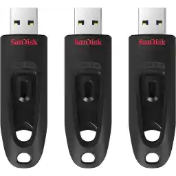 SanDisk Ultra USB 3.0 Flash Drive 64 GB 3-pack (سرعت انتقال تا 130 مگابایت بر ثانیه، طراحی قابل حمل، رمزگذاری AES 128 بیتی، نرم افزار SanDisk SecureAccess، گارانتی محدود 5 ساله)