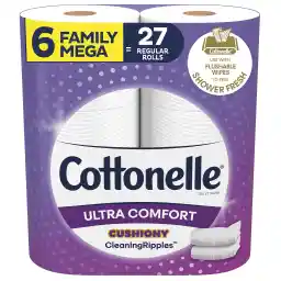 Cottonelle Ultra Toilet Paper, 6 Mega Family Rolls, Cushiony Cleaning Ripples, 325 Sheets Per Roll
