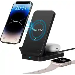 ایستگاه شارژ القایی AGPTEK، شارژر بیسیم تاشو 3 در 1 15 واتی برای آیفون 14/13/12/12 Pro/11/XR/XS/X/8، اپل واچ، AirPods 2/3/ Pro، Samsung Galaxy S23/S22/S21 / S20/S10/S9/S8