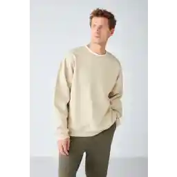 GRIMELANGE Stephan Erkek Yumuşacık Kumaşlı Organik Pamuklu Oversize Fit Yuvarlak Yakalı Bej Sweatshirt