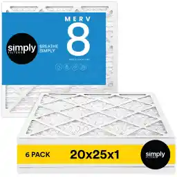 Simply 20x25x1 Air Filter, Merv 8, 6 Pack, For Home AC Furnace & HVAC (Actual Size: 19.75"x24.75"x0.75") DUST, Pet, & Allergy Control