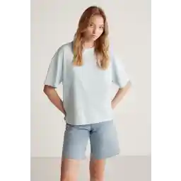 GRIMELANGE Jemmy Kadın %100 Organik Pamuk Relaxed Fit Yırtmaçlı Yuvarlak Yakalı Açık Mavi T-shirt