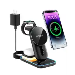 4'ü 1 Arada Mag-Safe Şarj İstasyonu, AGPTEK Kablosuz Şarj Cihazı, Qi Endüktif Şarj İstasyonu, iPhone 12/13/14 ile Uyumlu Kablosuz Şarj Cihazı, iWatch/AirPods/Galaxy Buds, 18W Adaptör ve LED ile