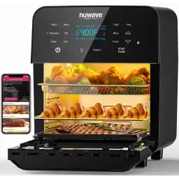 Nuwave Brio 15.5Qt Air Fryer Rotisserie Oven, X-Large Family Size, Powerful 1800W, 4 Rack Positions, 50°-425°F Temp Controls, 100 Presets & 50 Memory, Integrated Smart Thermometer, Linear T Technology