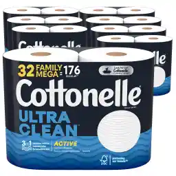 Cottonelle Ultra Clean Toilet Paper with Active CleaningRipples Texture, Strong Bath Tissue, 32 Family Mega Rolls (32 Family Mega Rolls = 176 Regular Rolls) (8 Packs of 4), 388 Sheets per Roll White