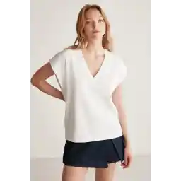 GRIMELANGE Astrıd Kadın V Yaka Relaxed Kalıp %100 Pamuk Beyaz T-shirt
