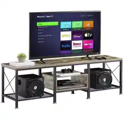 پایه تلویزیون صنعتی VECELO برای کابینت تلویزیون 70 اینچ کنسول 3 طبقه با قفسه های فضای باز، قاب فلزی مرکز سرگرمی برای اتاق نشیمن، اتاق خواب، 63 اینچ، خاکستری