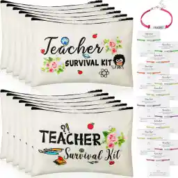 24 Pieces Teacher Appreciation Present Set, 12 Teacher Survival Kit Bag Makeup Pouch Bag, 12 Teacher Blessing Card Bracelet, Teacher Cosmetic Bag Kit for Teacher's Day (Elegant Style,9.1 x 5.9 Inch)