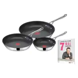 ست ماهیتابه 3 تکه مستقیم جیمی الیور کوک Tefal E304S3.JO7 | 20، 24، 28 سانتی متر | مناسب برای القاء | قابل شستشو در ماشین ظرفشویی | سیگنال حرارتی | فولاد ضد زنگ