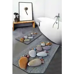 فرش Else Else Foot Stones خاکستری طرح دار پایه ضد لغزش قابل شستشو 2 عدد ست کمد درب فرش حمام