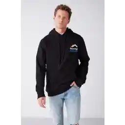 GRIMELANGE Carter Erkek Yumusaçık Kumaşlı Kapüşonlu Dağ Baskılı Kordonlu Regular Fit Siyah Sweatshirt