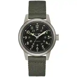 Bulova Men's Military Heritage Hack Veteran's Watchmaking Initiative Watch in Stainless Steel with 3-Hand Automatic, Black NATO Leather Strap Style: 96A259