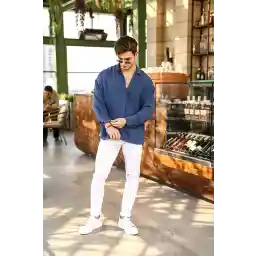 لباس خاکستری مردانه آبی سرمه ای کتانی آئروبین گشاد پیراهن گشاد سایز بزرگ