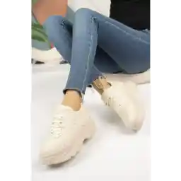 pasyone Beige - کفش کتانی شیک زنانه با زیره بلند