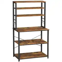 VASAGLE Coffee Bar, 31.5 Inches Baker's Rack for Kitchen with Storage, 6-Tier Kitchen Shelves with 6 Hooks, Microwave Stand, Industrial, Rustic Brown and Black UKKS019B01