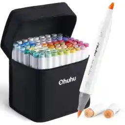 Ohuhu Alcohol Markers Brush Tip: 72 Colors Dual Tip Alcohol Marker Set for Artist Adults Coloring Sketching Illustration - w/ 1 Colorless Alcohol-based Blender - Chisel & Brush Tips - Honolulu Series