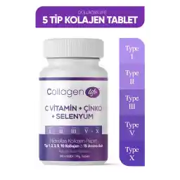 کلاژن لایف 5 نوع کلاژن نوع 1، نوع 2، نوع 3، نوع 5، نوع 10، (سلنیوم، ویتامین C و روی) 90 قرص