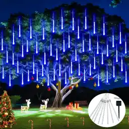 JMEXSUSS Solar Meteor Shower Lights Outdoor, 30cm 8 Tube 144 LEDs Blue Meteor Lights, Cascading Falling Rain Lights, Raindrop Snowfall Icicle Lights for Tree Yard Party Patio Christmas Decoration