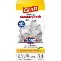 Glad ForceFlex MaxStrength with Clorox Tall Kitchen Trash Bags, 13 Gal, 34 Ct (Package May Vary)