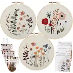 ELECDON 3 Pack Embroidery Starter Kit for Beginners Stamped Cross Stitch Kits with Cute Flowers and Plants Patterns with Embroidery Hoops and Color Threads for Adults Kids