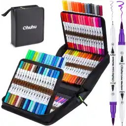 Ohuhu Markers for Adult Coloring Books: Brush Pens Dual Brush Fine Tip Drawing Pens Water-Based Coloring Markers for Kids Adults Artist Calligraphy Bullet Journal with Carrying Case -Maui (100 Colors)