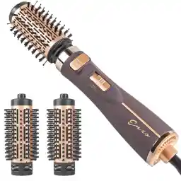 سشوار برسدار چرخشی حرفهای انزو مدل EN-743، موتور DC با توان مصرفی 1500 وات، دارای قابلیت تعویض سری، باد سرد، با حالت صافکننده و حجمدهنده، وزن 700 گرم، تنظیم حرارت 2 حالته و کنترل سرعت 2 حالته، به همراه 2 سری برسدار