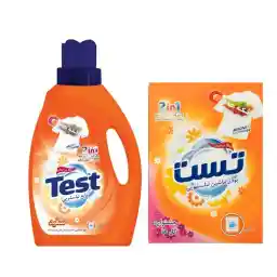 پودر ماشین لباسشویی تست مدل 01 وزن 500 گرم به همراه مایع لباسشویی تست مدل 02 حجم 1000 میلی لیتر