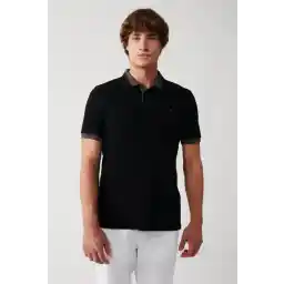Avva Erkek Siyah Yakası Çizgili %100 Pamuk 2 Düğmeli Polo Yaka Regular Fit T-Shirt E001036